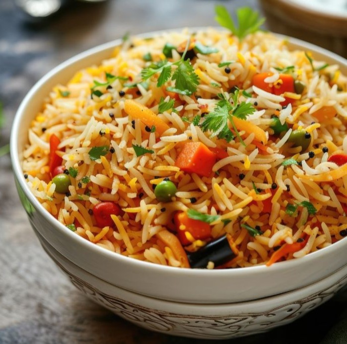 Free Photo _ World Food Day Delicious Veg Biryani with Toppings in Bowl (1)